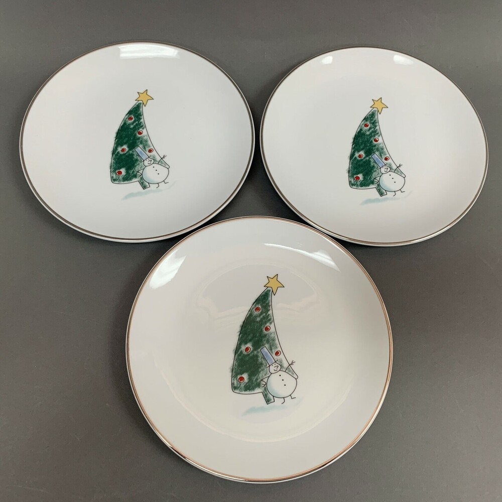 Eddie Bauer Salad Plates Snowman Snowmen Platinum Trim White 8 1/4‎ Lot of 3